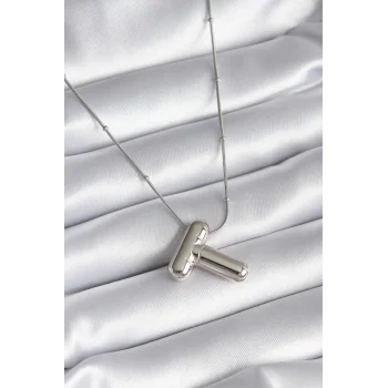 316L Çelik Gümüş Renk Bubble T Harf Model Kadın Kolye