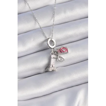 316L Çelik Gümüş Renk Eyfel Kule Fotoğraf Makinesi Model Charm Kadın Kolye