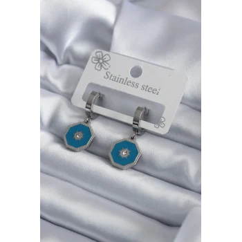 316L Çelik Gümüş Renk Geometrik Model Zirkon Taş Detay Kadın Küpe