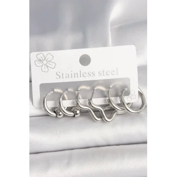 316L Çelik Gümüş Renk Halka Yıldız Model Kadın Küpe Seti