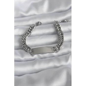 316L Çelik Gümüş Renk İsim Yazılabilir Plaka Model Kadın Bileklik