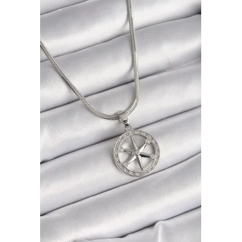 316L Çelik Gümüş Renk İtalyan Zincir Zirkon Taşlı Kutup Yıldız Model Kadın Kolye