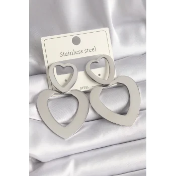 316L Çelik Gümüş Renk Kalp Model Kadın Küpe