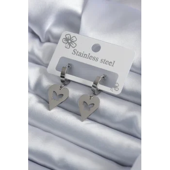 316L Çelik Gümüş Renk Kalp Model Kelebek İşleme Kadın Küpe