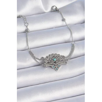 316L Çelik Gümüş Renk Mavi Taşlı Etnik Desen Kadın Bileklik