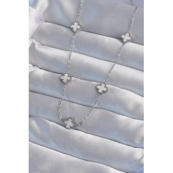 316L Çelik Gümüş Renk Minimal Beyaz Sedefli Yonca Kolye