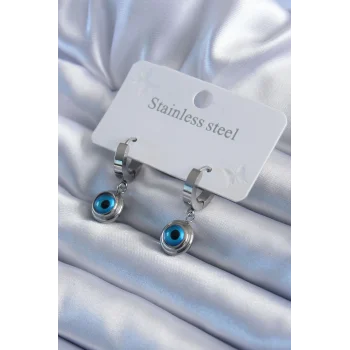 316L Çelik Gümüş Renk Nazar Boncuk Model Kadın Küpe