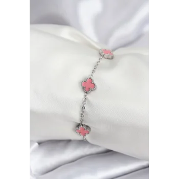 316L Çelik Gümüş Renk Pembe Baby Boy Yonca Kadın Bileklik