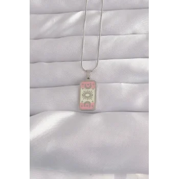 316L Çelik Gümüş Renk Pembe Mineli Ay Figür Tarot Kolye
