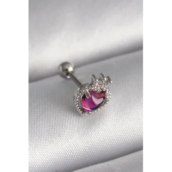 316L Çelik Gümüş Renk Pembe Mineli Kalp Zirkon Taş Detaylı Taç Tragus Piercing