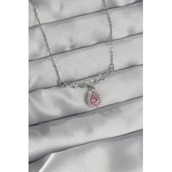316L Çelik Gümüş Renk Pembe Zirkon Taşlı Damla Kolye