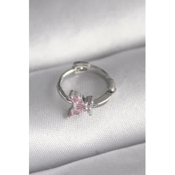 316L Çelik Gümüş Renk Pembe Zirkon Taşlı Kelebek Model Tragus Piercing