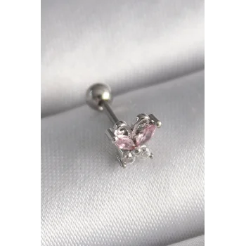 316L Çelik Gümüş Renk Pembe Zirkon Taşlı Kelebek Tragus Piercing