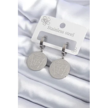 316L Çelik Gümüş Renk Pentagram İşleme Model Kadın Küpe