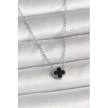 316L Çelik Gümüş Renk Siyah Yonca Model Kadın Kolye