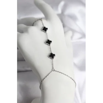 316L Çelik Gümüş Renk Siyah Yonca Model Kadın Şahmeran