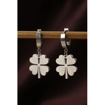 316L Çelik Gümüş Renk Yonca Küpe