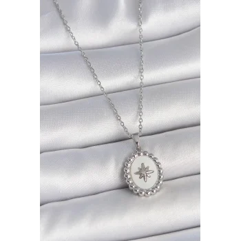 316L Çelik Gümüş Renk Zincir Beyaz Mineli Kutup Yıldız İşlemeli Madalyon Model Kadın Kolye