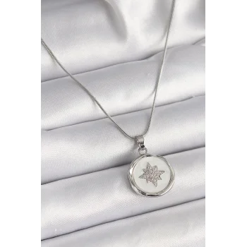 316L Çelik Gümüş Renk Zincir Beyaz Sedefli Zirkon Taşlı Yıldız İşleme Model Kadın Kolye