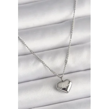 316L Çelik Gümüş Renk Zincir Love İşleme Kalp Figür Kadın Kolye