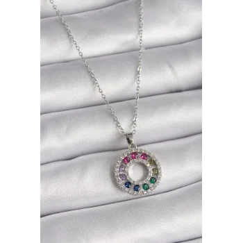 316L Çelik Gümüş Renk Zincir Renkli Zirkon Taşlı Madalyon Model Kadın Kolye