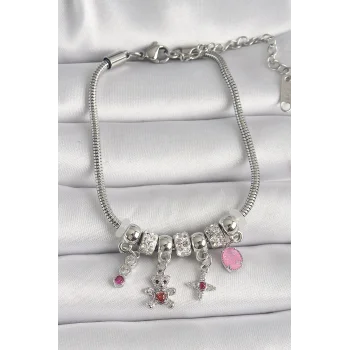 Pirinç Gümüş Renk Zincir Sallantı Zirkon Taşlı Ayıcık Figür Yıldız Detay Kadın Bileklik