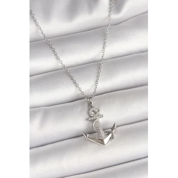 316L Çelik Gümüş Renk Zincir Zirkon Taş Detaylı Çapa Model Kadın Kolye