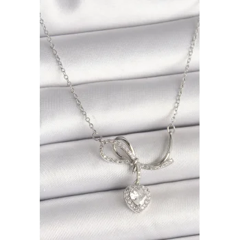 316L Çelik Gümüş Renk Zincir Zirkon Taşlı Düğüm Sallantı Kalp Figür Kadın Kolye