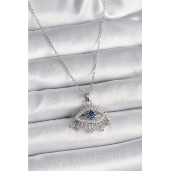 316L Çelik Gümüş Renk Zincir Zirkon Taşlı Göz Model Kadın Kolye