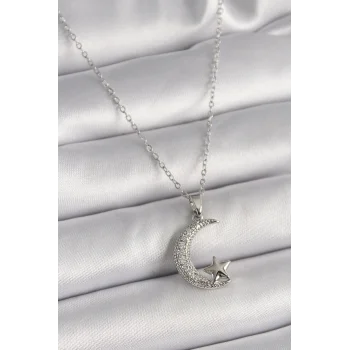 316L Çelik Gümüş Renk Zincir Zirkon Taşlı Hilal Model Yıldız Detay Kadın Kolye