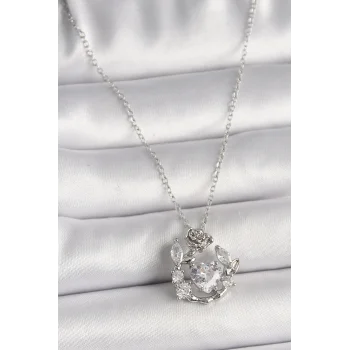 316L Çelik Gümüş Renk Zincir Zirkon Taşlı Kalp Figür Gül Detay Kadın Kolye