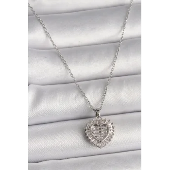 316L Çelik Gümüş Renk Zincir Zirkon Taşlı Kalp Model Kadın Kolye