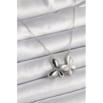 316L Çelik Gümüş Renk Zincir Zirkon Taşlı Renkli Kelebek Model Kadın Kolye