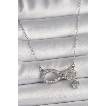 316L Çelik Gümüş Renk Zincir Zirkon Taşlı Sonsuzluk Model Taşlı Kalp Detay Kadın Kolye