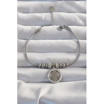 316L Çelik Gümüş Renk Zirkon Taş Aksesuarlı Fatma Ana Eli Bileklik