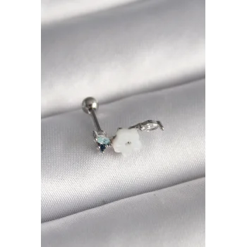 316L Çelik Gümüş Renk Zirkon Taş Detay Beyaz Çiçek Model Tragus Piercing