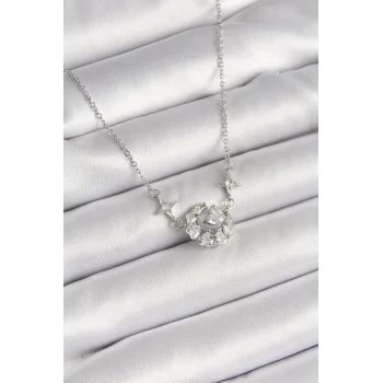 316L Çelik Gümüş Renk Zirkon Taşlı Hilal Kalp Model Kadın Kolye