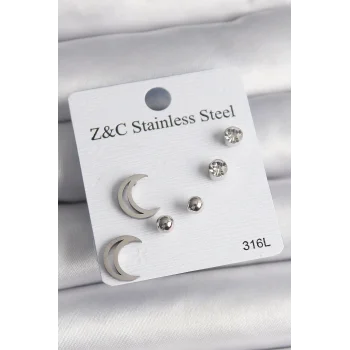 316L Çelik Gümüş Renk Zirkon Taşlı Hilal Model Kadın Küpe Seti