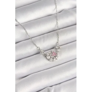 316L Çelik Gümüş Renk Zirkon Taşlı Hilal Pembe Kalp Model Kadın Kolye
