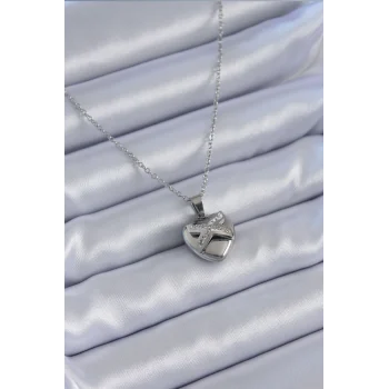 316L Çelik Gümüş Renk Zirkon Taşlı Kalp Model Kadın Kolye