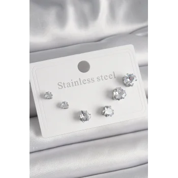 316L Çelik Gümüş Renk Zirkon Taşlı Kalp Model Kadın Küpe Seti