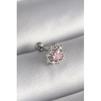 316L Çelik Gümüş Renk Zirkon Taşlı Kalp Tragus Piercing