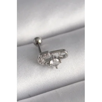 316L Çelik Gümüş Renk Zirkon Taşlı Toplu İğne Tragus Piercing