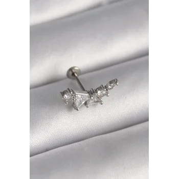 316L Çelik Gümüş Renk Zirkon Taşlı Tragus Piercing