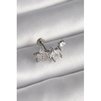 316L Çelik Gümüş Renk Zirkon Taşlı Yıldız Model Tragus Piercing