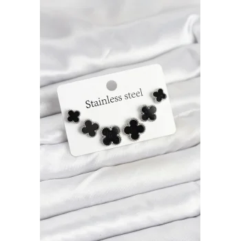 316L Çelik Gümüş Siyah Renk 3 Boy Yonca Küpe Seti