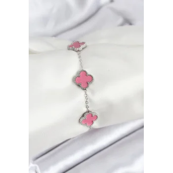 316L Çelik Gümüş Zincir Pembe Renk Yonca Bileklik