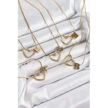316L Çelik Kalp Detaylı Gold Renk Harf Kolye 24lü Paket Kolye