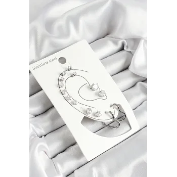 316L Çelik Kalp Figürlü Ve Zirkon Taşlı Gümüş Renk 7li Çift Kadın Küpe Set