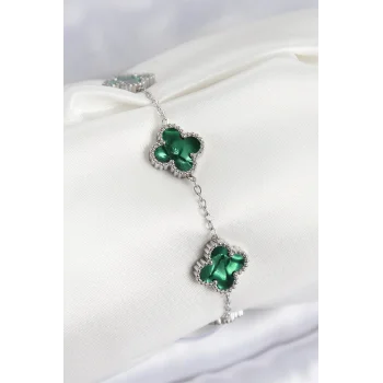 316L Çelik Sedefli Zümrüt Yeşil Gümüş Renk Yonca Kadın Bileklik